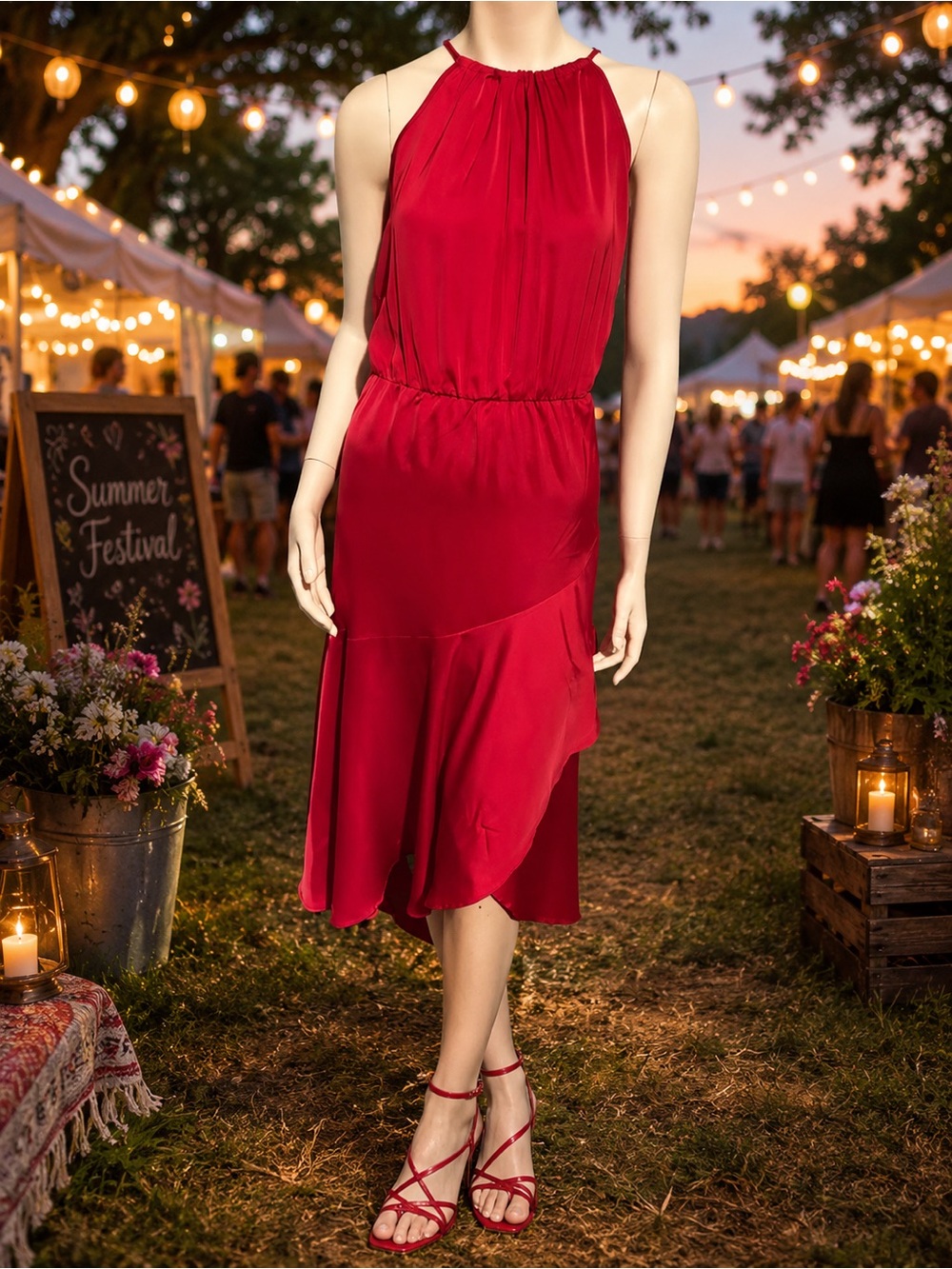 Red Halter Midi Dress - Elegant Summer Occasion Dress